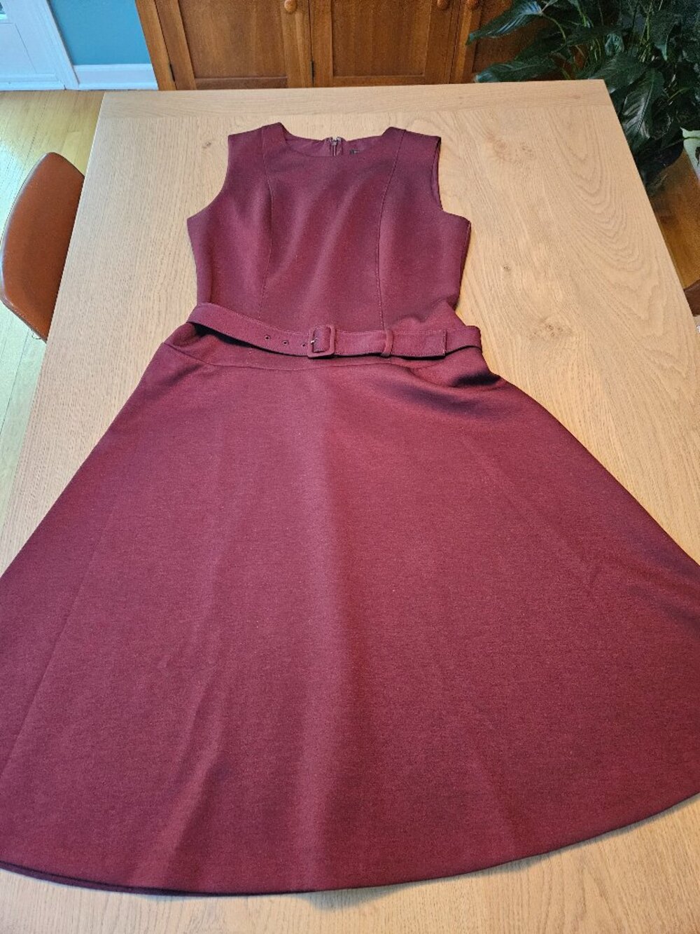 Ann Taylor Petite Burgundy Belted Fit & Flare Dress Sleeveless 8P